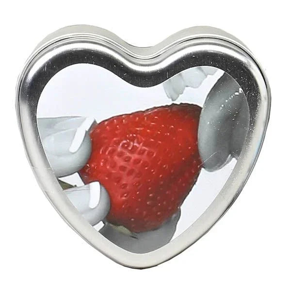 Earthly Body Edible Heart Candle in Strawberry, tin lid art of a strawberry at the lips