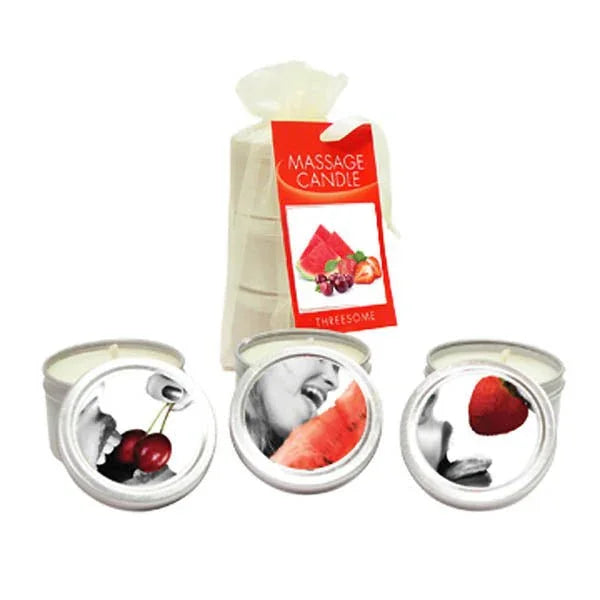Earthly Body Threesome edible candle 3-pack, three round tins with fruit lid art and gift bag