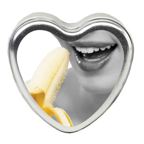 Earthly Body Edible Heart Candle in Tropical Banana, tin lid art of a peeled banana