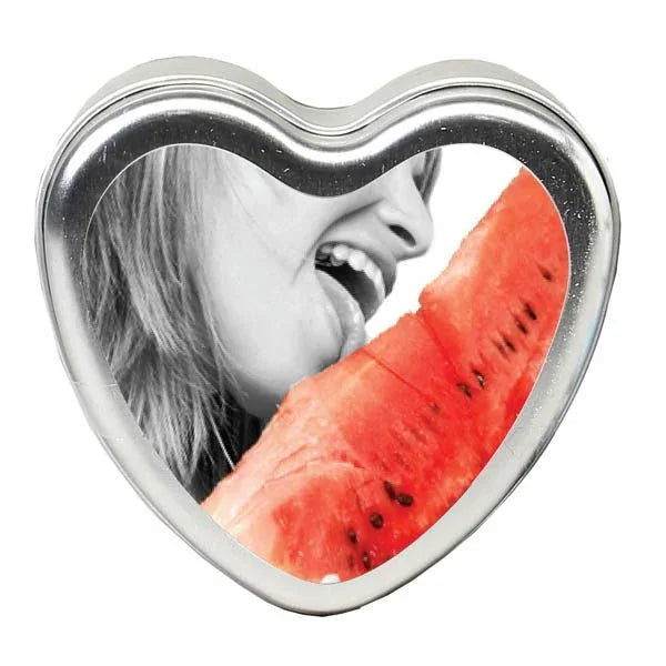 Earthly Body Edible Heart Candle in Watermelon, tin lid art of a bitten watermelon slice