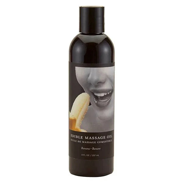 Earthly Body Edible Massage Oil 237 ml, Banana label art of a banana at the lips