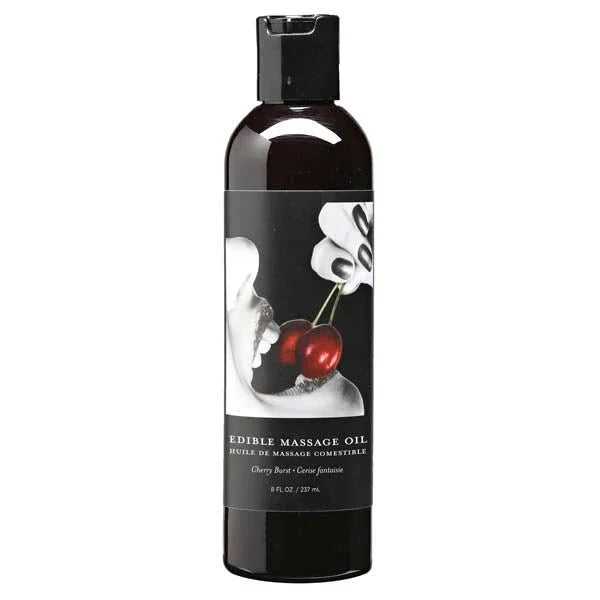 Earthly Body Edible Massage Oil 237 ml, Cherry Burst label with cherry-and-lips art
