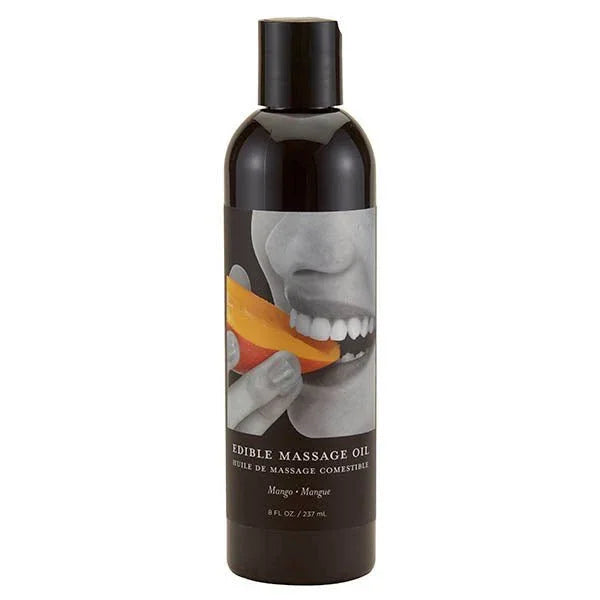 Earthly Body Edible Massage Oil 237 ml, Mango label art of a mango slice at the teeth