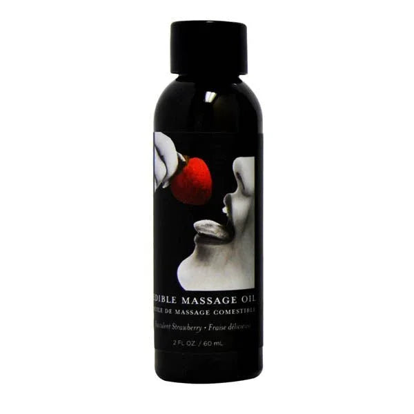 Earthly Body Edible Massage Oil 60 ml, Succulent Strawberry label with strawberry art