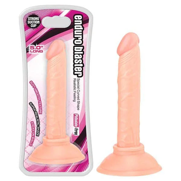 Lovetoy Enduro Blaster 5 inch dong in Flesh beside its pink blister pack, suction cup base