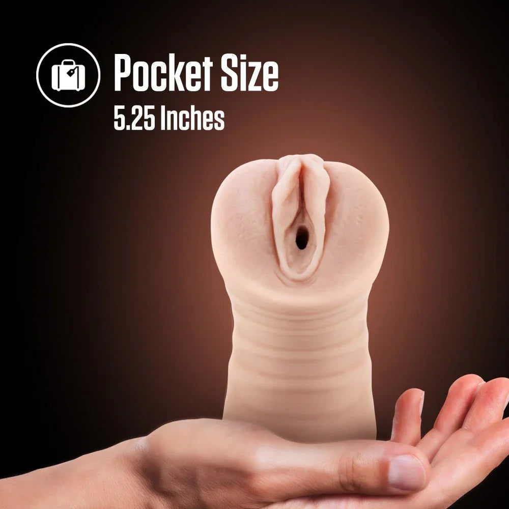 Ayumi stroker held on an open palm, pocket size feature panel at 5.25 inches