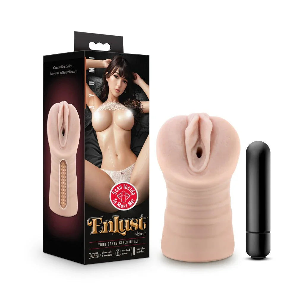 EnLust Ayumi vibrating stroker in flesh tone with its bullet and Ayumi retail box