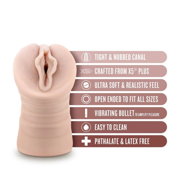 Destini stroker feature list: nubbed canal, X5 Plus, vibrating bullet, latex free
