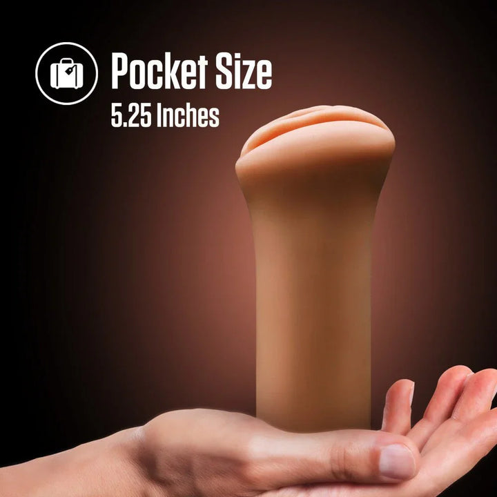 Tan Molly stroker held on a palm, pocket size feature panel at 5.25 inches