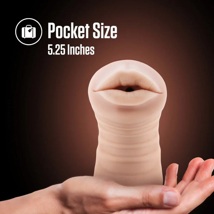 Nicole oral stroker held on an open palm, pocket size feature panel at 5.25 inches