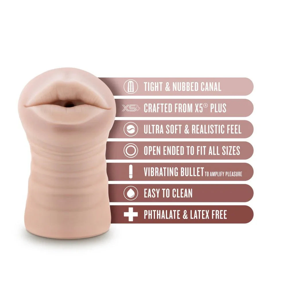 Nicole oral stroker feature list: nubbed canal, X5 Plus, vibrating bullet, latex free