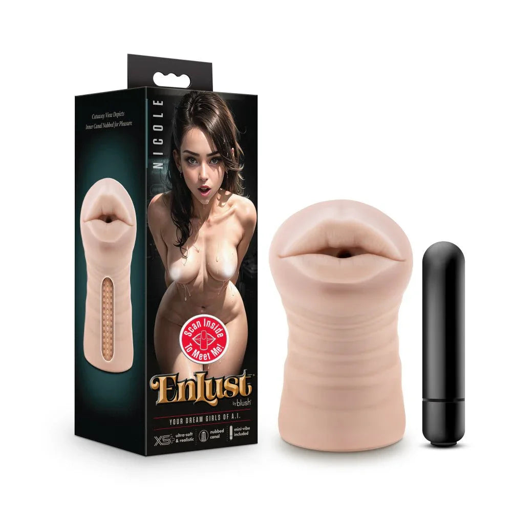 EnLust Nicole oral stroker in flesh tone with its bullet and Nicole retail box