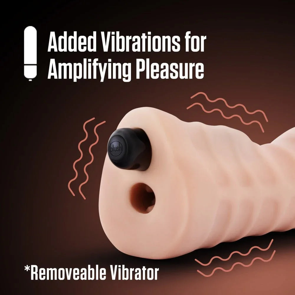 Nicole oral stroker with the removable bullet inserted, added vibrations feature panel