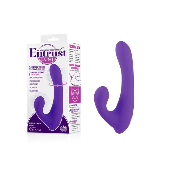 Entrust Lust rotating rabbit vibrator in Purple, curved dual arms beside its box