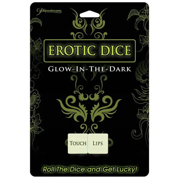 Pipedream Erotic Dice glow-in-the-dark couples game on its black and gold card