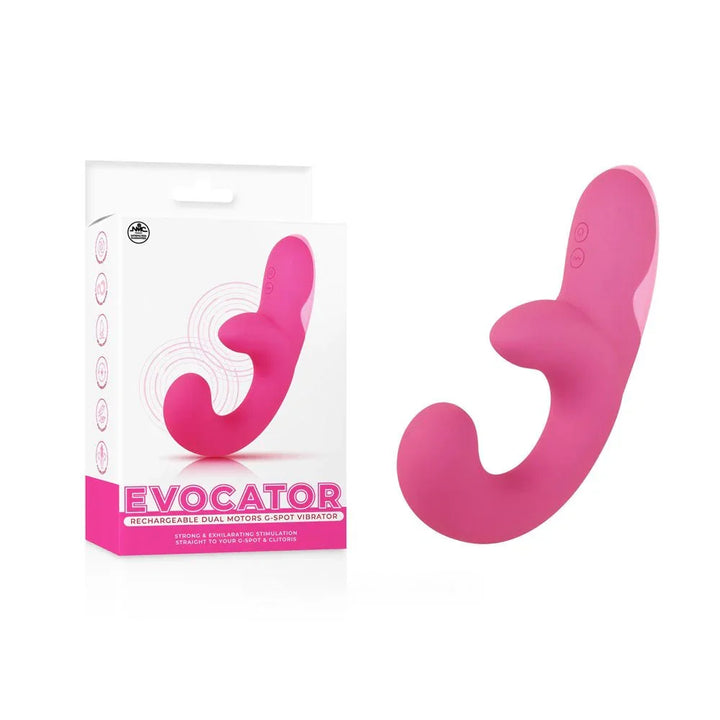 Evocator dual-motor G-spot vibrator in Pink, curved twin arms beside its pink box
