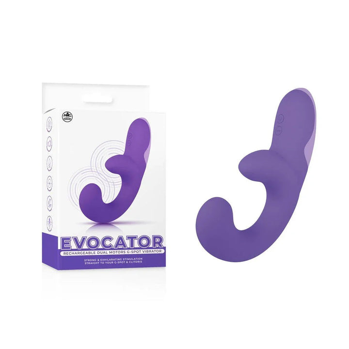 Evocator dual-motor G-spot vibrator in Purple, C-shaped body beside its purple box