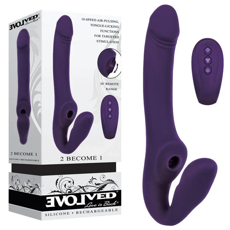 Evolved 2 Become 1 strapless strap-on in Purple with its remote, beside the Evolved retail box