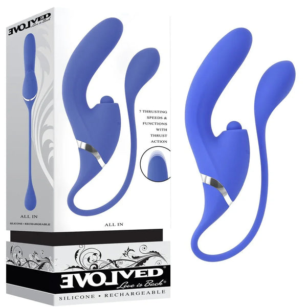 Evolved All In retail box beside two renders of the vibrator, noting 7 thrusting speeds and functions
