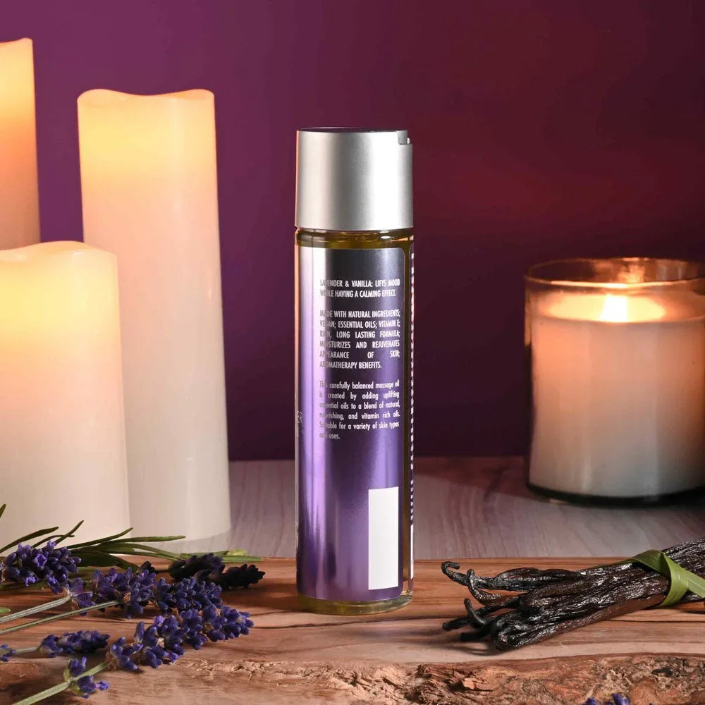 Evolved Anoint Lavender Flower & Vanilla Bean bottle side view, showing the blank white side panel