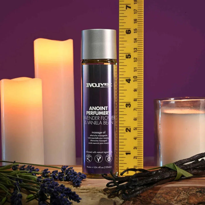 Evolved Anoint Lavender Flower & Vanilla Bean bottle beside a tape measure, about 6.5 inches tall