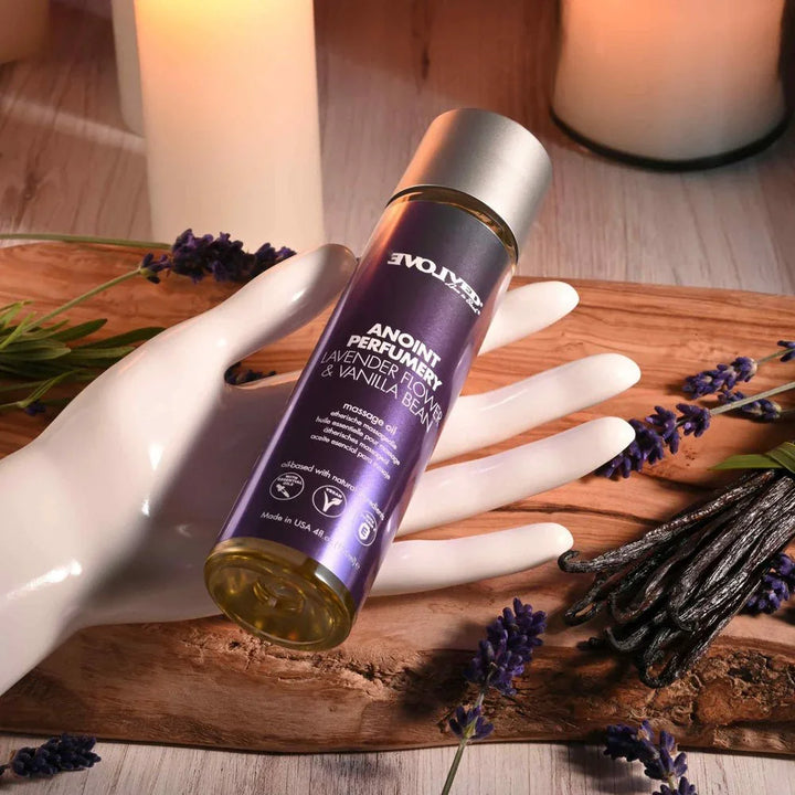 Evolved Anoint Lavender Flower & Vanilla Bean bottle resting on a white mannequin hand