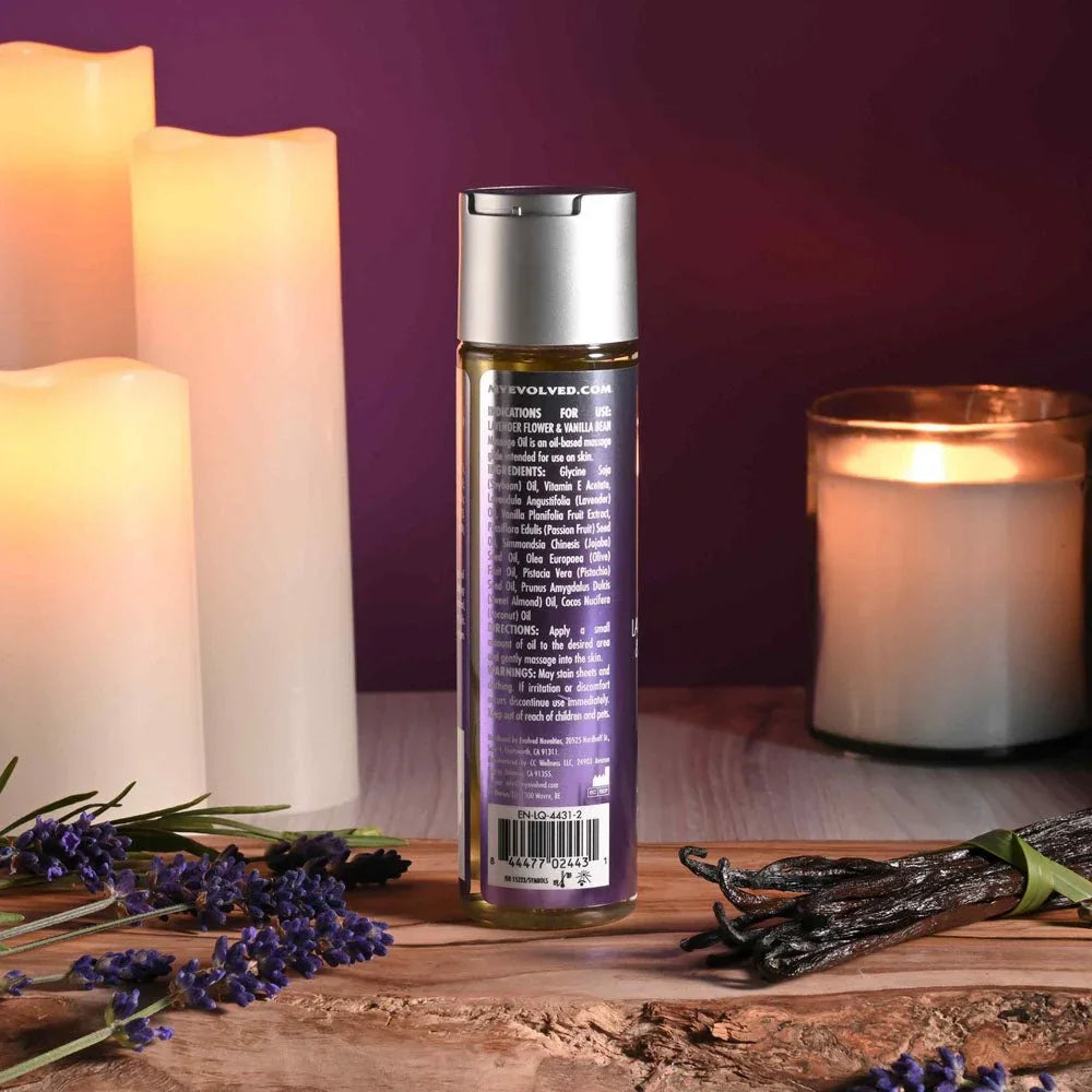 Evolved Anoint Lavender Flower & Vanilla Bean bottle turned to the back label, ingredients and barcode
