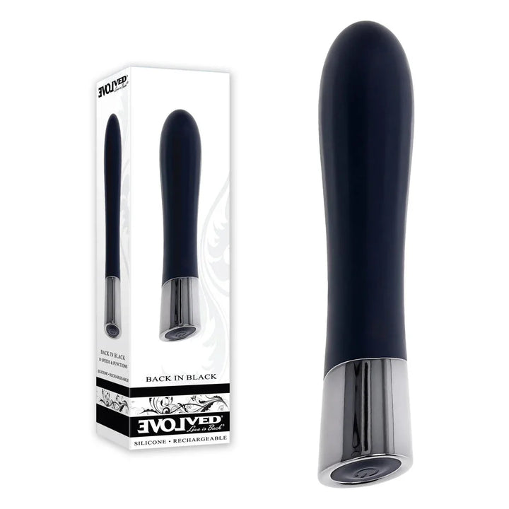 Evolved Back In Black bullet vibrator in Black beside its Evolved retail box on white