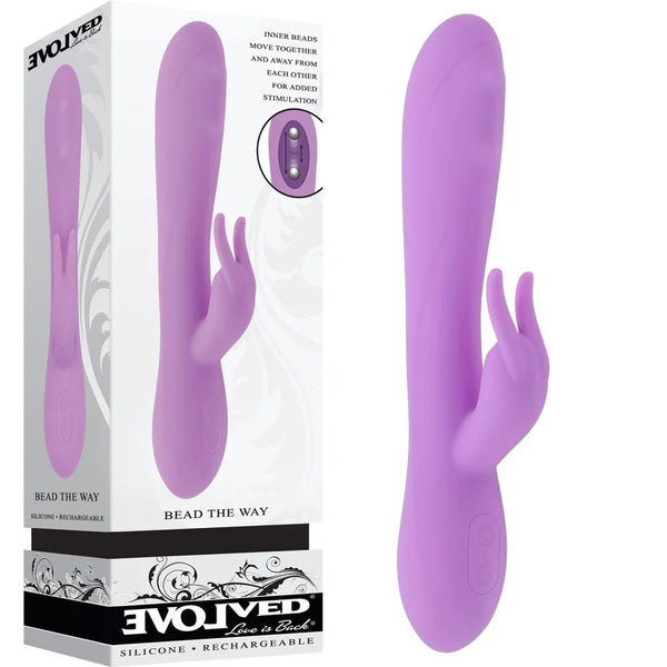 Evolved Bead The Way retail box beside the lilac beaded rabbit vibrator, noting the moving inner beads