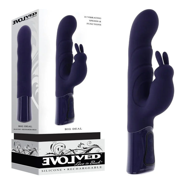Evolved Big Deal retail box beside the deep purple rabbit vibrator, noting 10 vibrating speeds