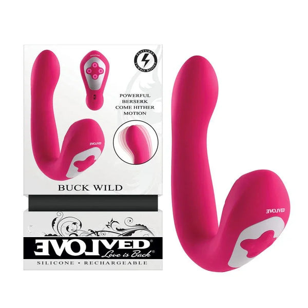 Evolved Buck Wild retail box in Pink beside the come-hither clitoral vibrator, remote shown on the pack