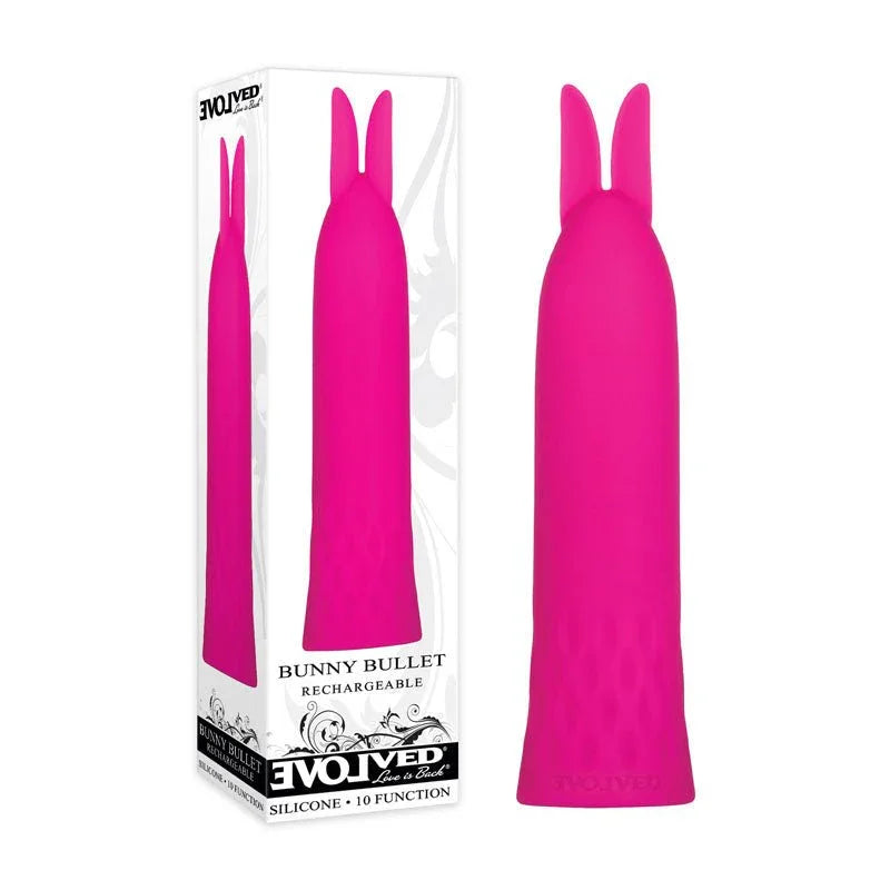 Evolved retail box labelled Bunny Bullet beside the Pink bullet vibrator with its two rabbit ears