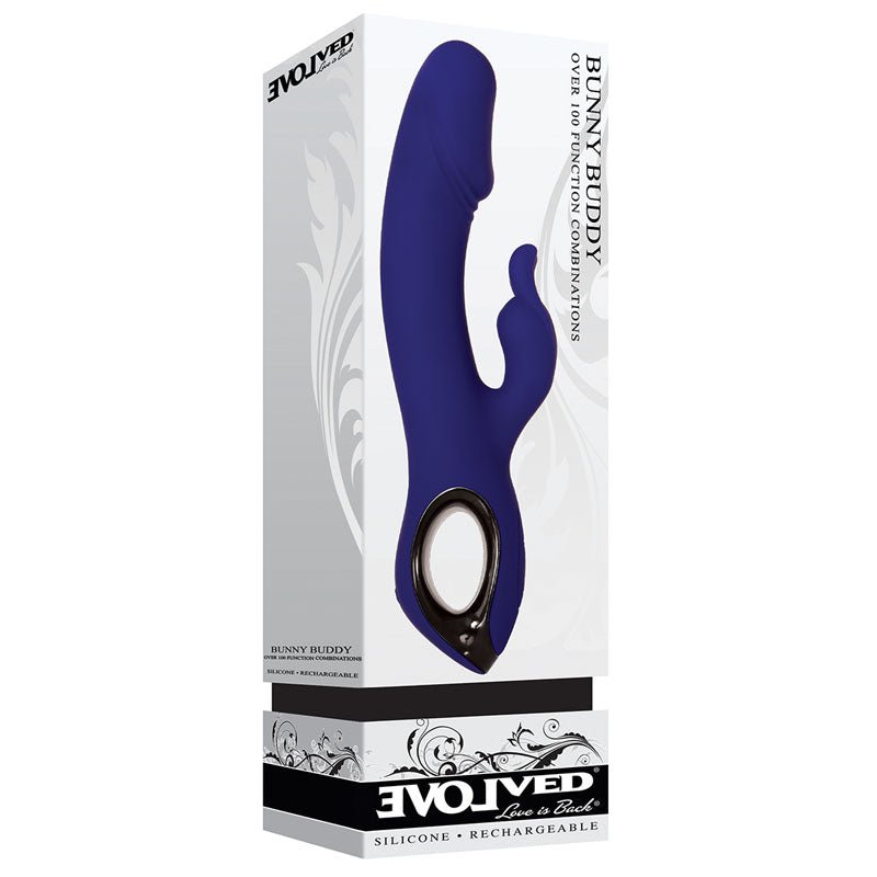Buy Evolved Bunny Buddy - Blue 22.2 cm USB Rechargeable Rabbit Vibrator – Naughtyhut NZ sex toys online. Discreet delivery & top brands.