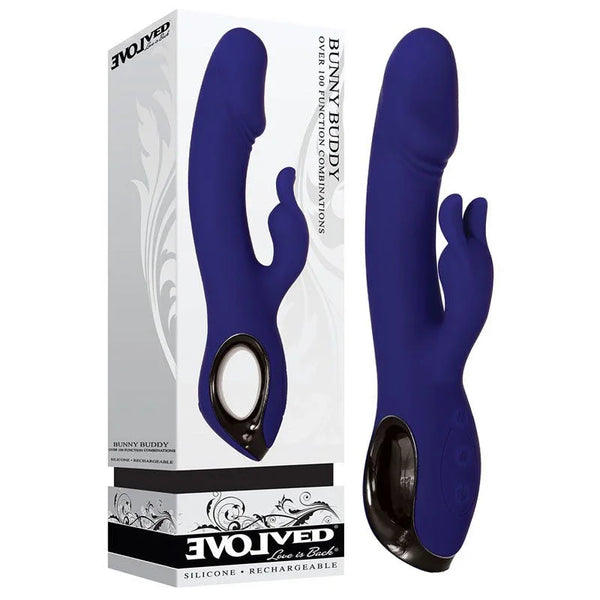 Evolved Bunny Buddy vibrator in deep blue, silicone, rechargeable with dual-stim design.