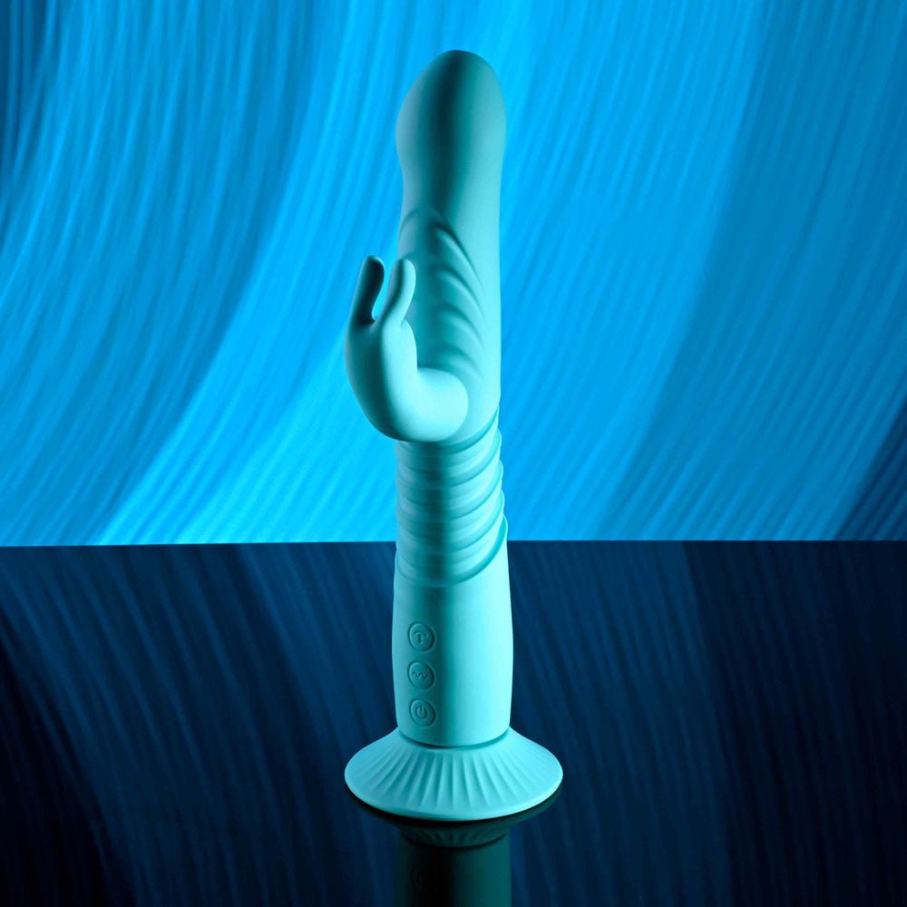 Evolved BUNNY HOP - Teal 25.1 cm USB Rechargeable Thrusting Rabbit Vibrator with Suction Base – Sex toys NZ by Naughtyhut. Discreet delivery nationwide.