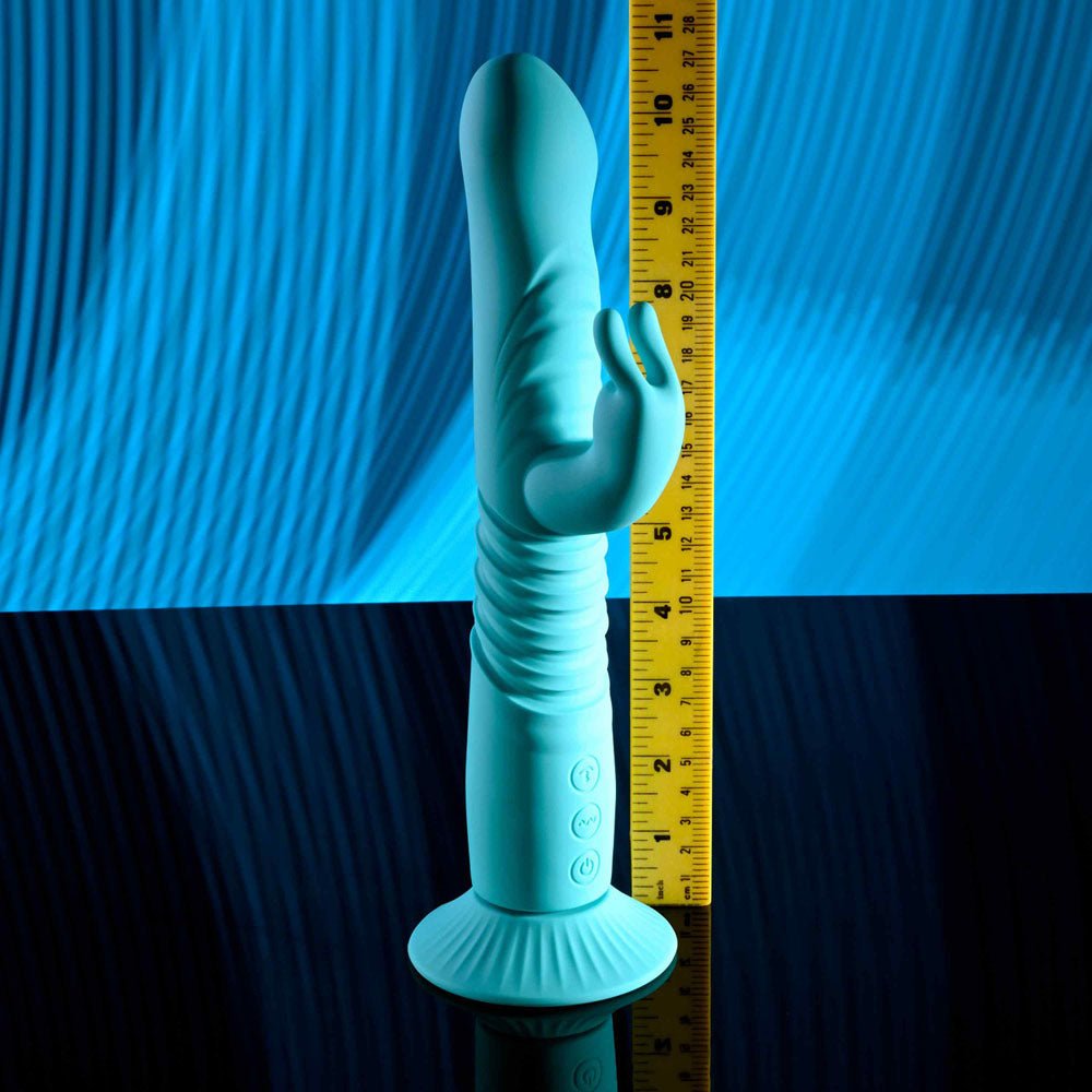 Evolved BUNNY HOP - Teal 25.1 cm USB Rechargeable Thrusting Rabbit Vibrator with Suction Base – Sex toys NZ by Naughtyhut. Discreet delivery nationwide.