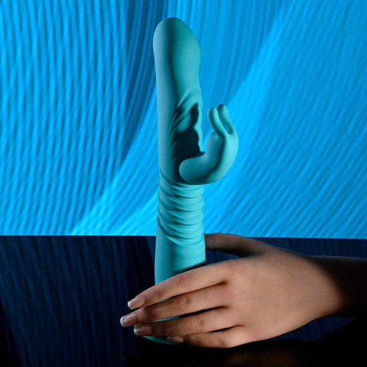 Evolved BUNNY HOP - Teal 25.1 cm USB Rechargeable Thrusting Rabbit Vibrator with Suction Base – Sex toys NZ by Naughtyhut. Discreet delivery nationwide.