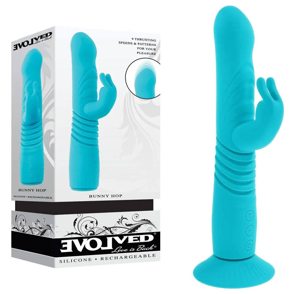 Evolved Bunny Hop retail box beside the teal thrusting rabbit vibrator on its suction base