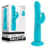 Buy Evolved BUNNY HOP - Teal 25.1 cm USB Rechargeable Thrusting Rabbit Vibrator with Suction Base – Naughtyhut NZ sex toys online. Discreet delivery & top brands.