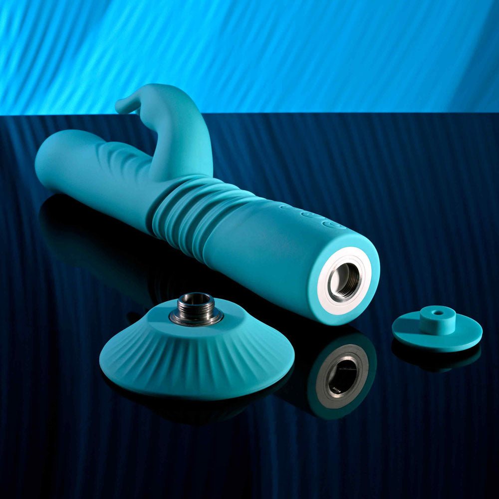 Evolved BUNNY HOP - Teal 25.1 cm USB Rechargeable Thrusting Rabbit Vibrator with Suction Base – Sex toys NZ by Naughtyhut. Discreet delivery nationwide.