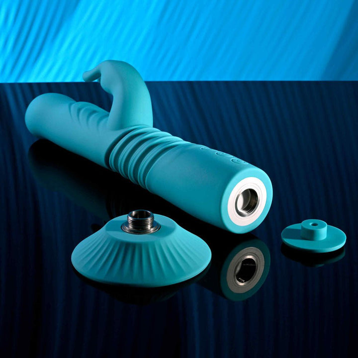 Evolved BUNNY HOP - Teal 25.1 cm USB Rechargeable Thrusting Rabbit Vibrator with Suction Base – Sex toys NZ by Naughtyhut. Discreet delivery nationwide.