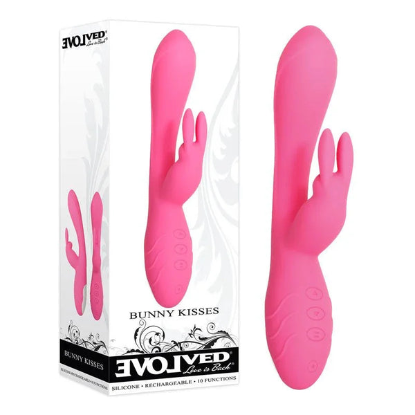 Evolved Bunny Kisses retail box beside the Pink rabbit vibrator, shown from front and side