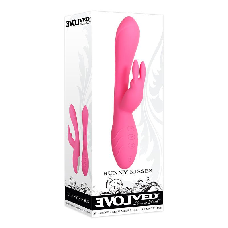 Buy Evolved Bunny Kisses - Pink 20 cm USB Rechargeable Rabbit Vibrator – Naughtyhut NZ sex toys online. Discreet delivery & top brands.