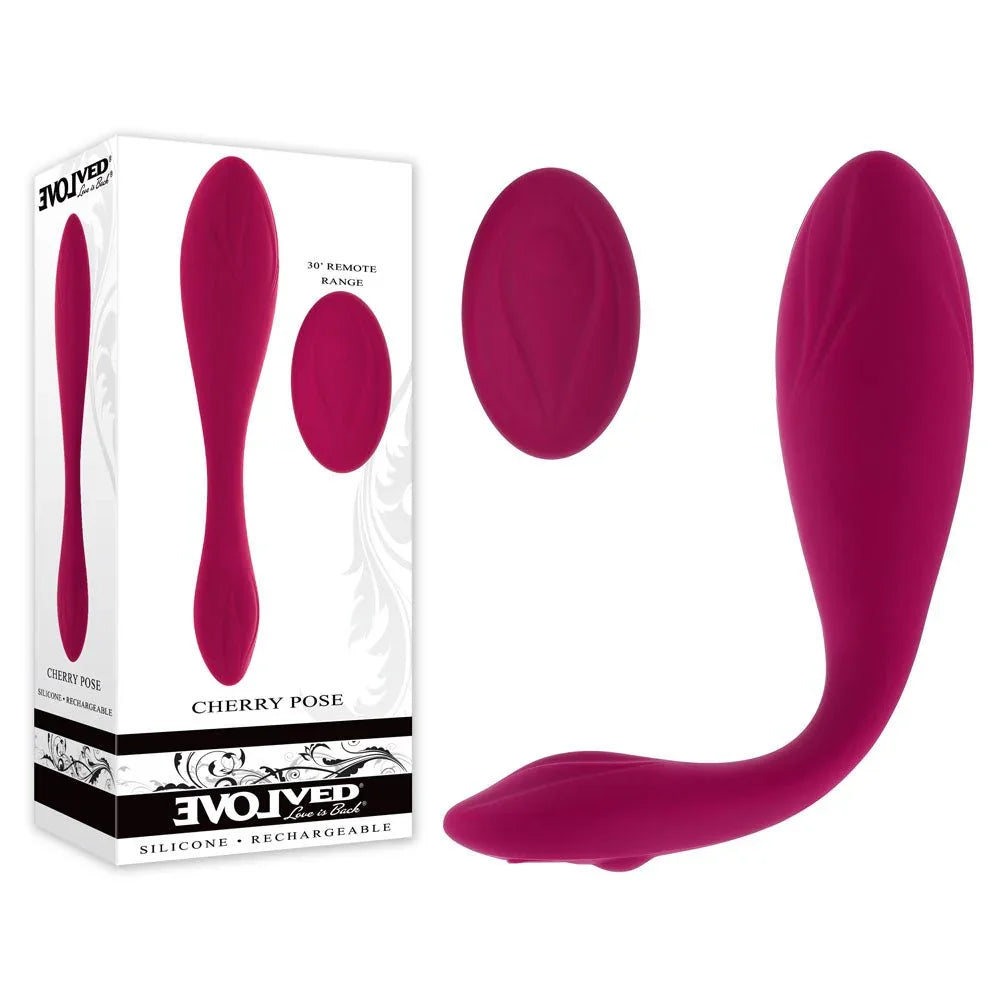 Evolved Cherry Pose retail box beside the cherry pink bendable vibrator and its oval remote