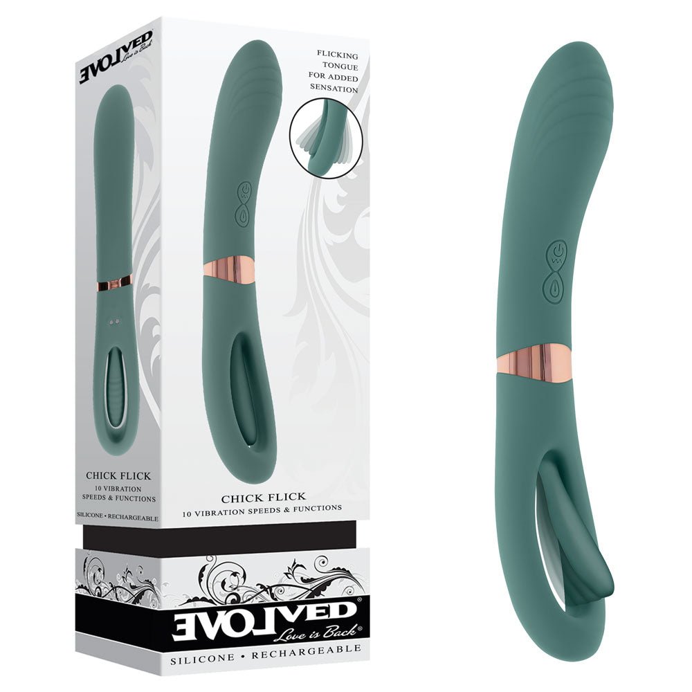 Buy Evolved CHICK FLICK - Olive Green 24 cm USB Rechargeable Vibrator with Flicking Tip – Naughtyhut NZ sex toys online. Discreet delivery & top brands.