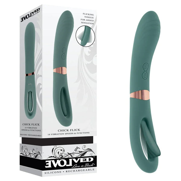 Evolved Chick Flick retail box beside the olive green vibrator, showing the flicking tongue tip