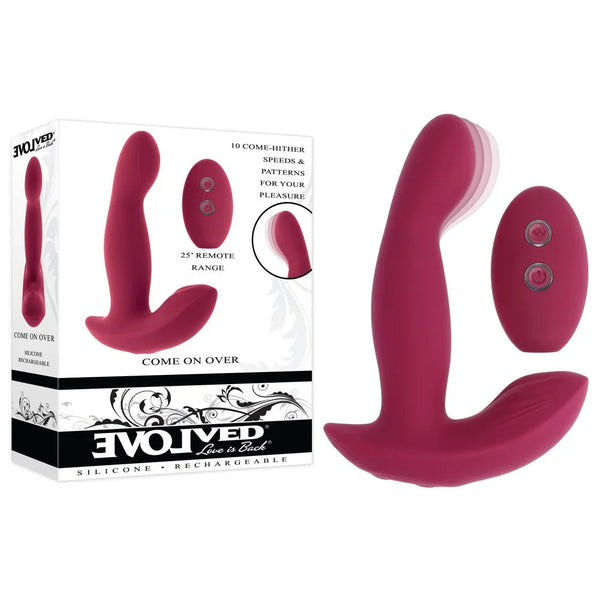 Evolved Come On Over vibrator in Burgundy Red with its remote, beside the Evolved retail box