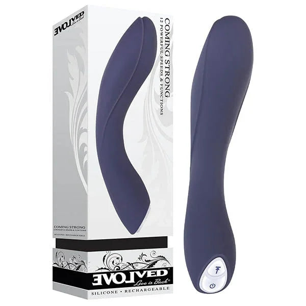Evolved Coming Strong retail box beside the Navy Blue curved vibrator with its white base button