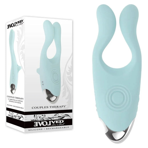 Evolved Couples Therapy retail box beside the pale teal couples vibrator with chrome tip
