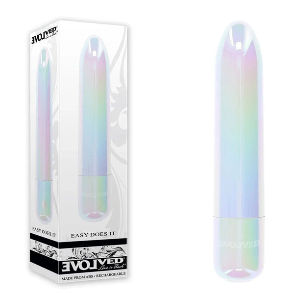 Evolved Easy Does It retail box beside the pearlescent white bullet vibrator with iridescent sheen